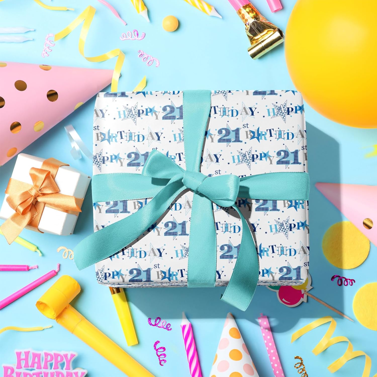 21St Birthday Wrapping Paper Roll - Blue Happy 21St Birthday With Heart Gift Wrap For For Age21 Teens, Adults, Boys - Mini Roll - 17 Inches X 16.4 Feet (23.2 Sq.Ft.)