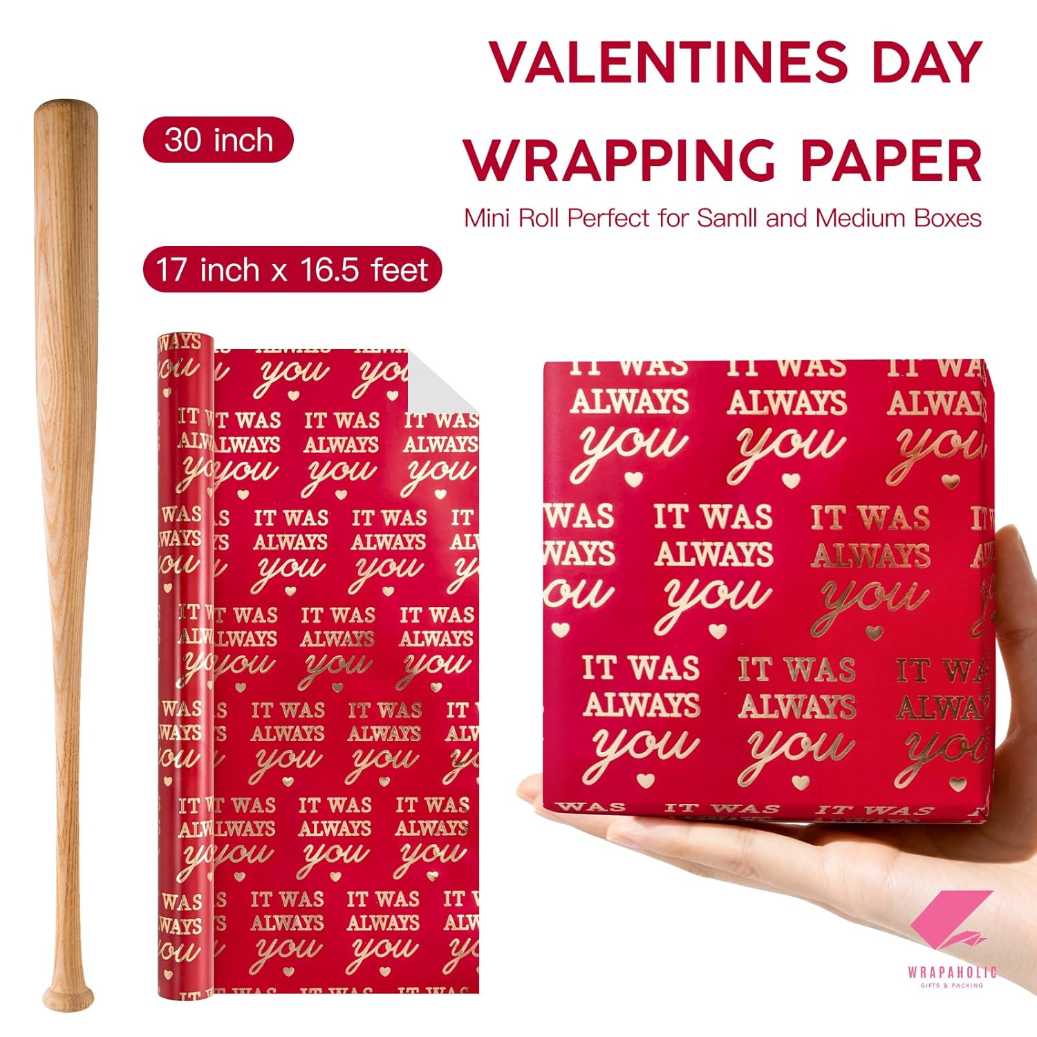Valentines Day Wrapping Paper Roll - Mini Roll - 17 Inch X 16.5 Feet - Red Wrapping Paper With Gold Foil It Was Always You For Valentine'S Day, Anniversary, Birthday, Wedding