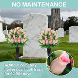 Cemetery Flowers For Grave,2 Sets Grave Rose Flowers Bouquets With Vases For Cemetery Grave Decorations Uv Resistant Non-Fading Easy Fit (Pink)