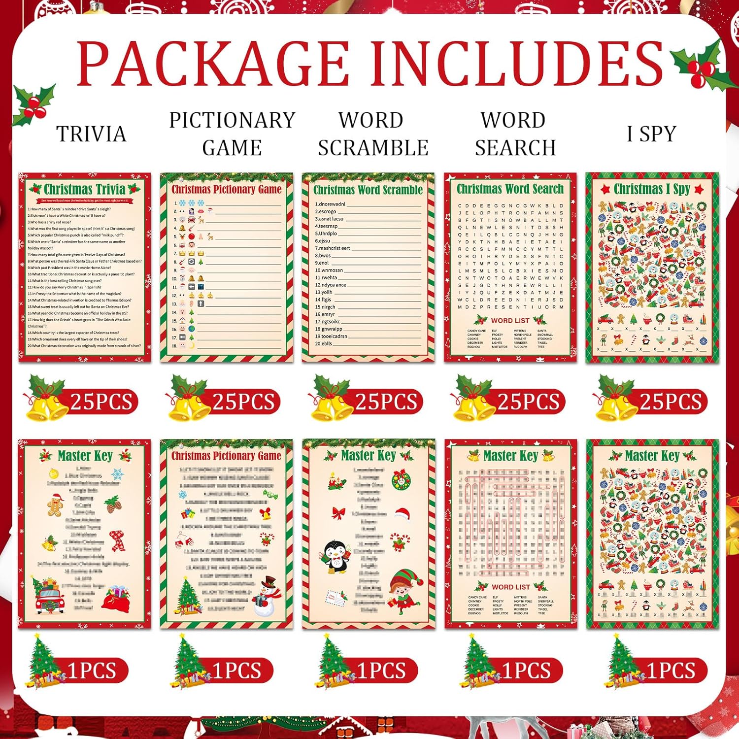 130Pcs Christmas Party Games Cards Set Xmas Trivia Pictionary Word Search Scramble Christmas I Spy Games Fun Holiday Activity For Family Friend Group Winter Xmas Holiday Party Supplies (Vintage)