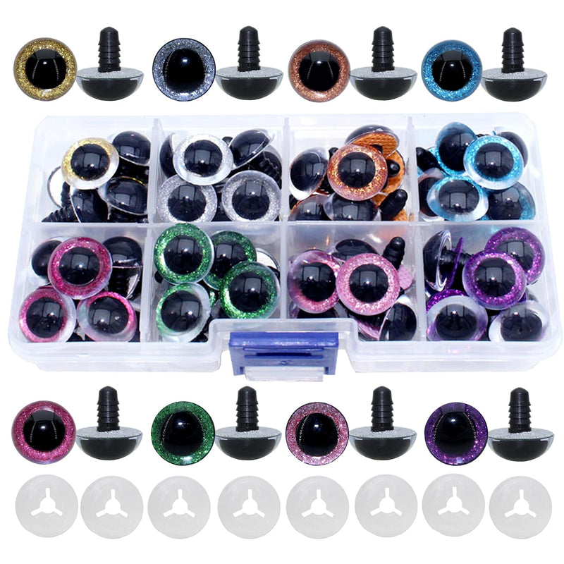 1Box(64Pcs) 16Mm 8Colors Plastic Safety Eyes Glitter Craft Eyes With Washers F