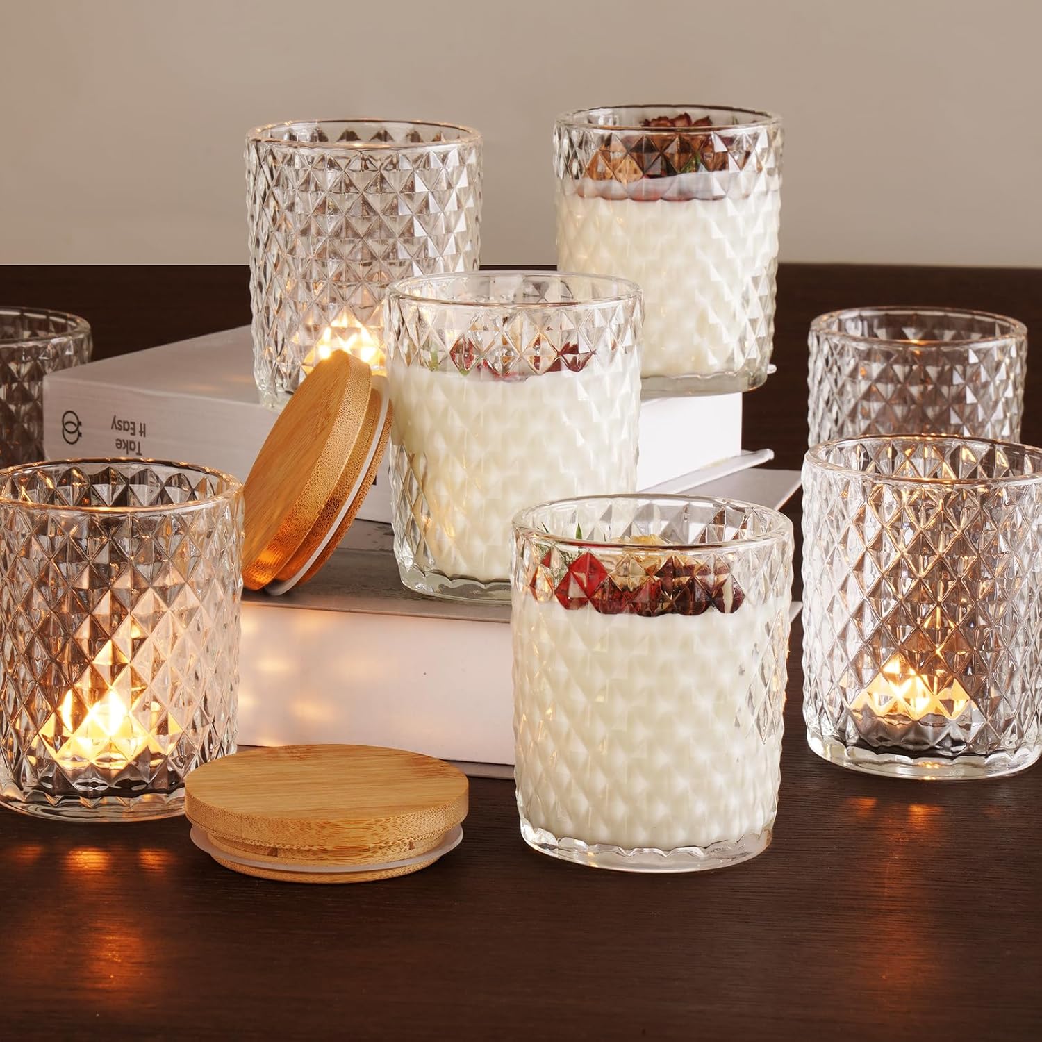 12 Pack Embossed Candle Jars For Making Candles, 6 Oz Glass Candle Jars With Lids Empty Food Storage Containers Tealight Holders For Spice, Powder, Liquid, Leakproof