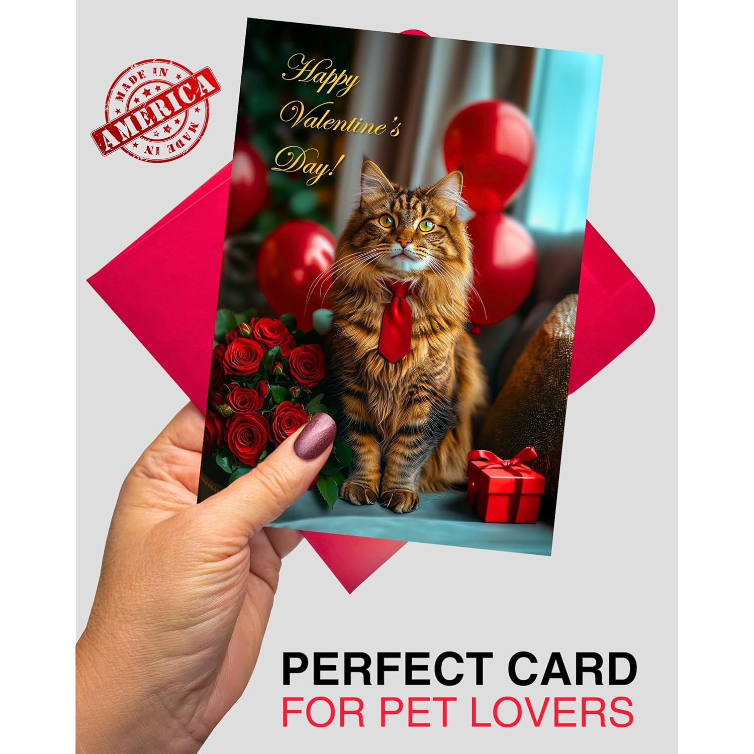 Maine Coon Cat Valentines Day Greeting Card – Premium 5X7 Inch Blank Card For Personalized Messages – Elegant Cat Design With Red Roses, Balloons, And Gift Box – Includes Red Envelope