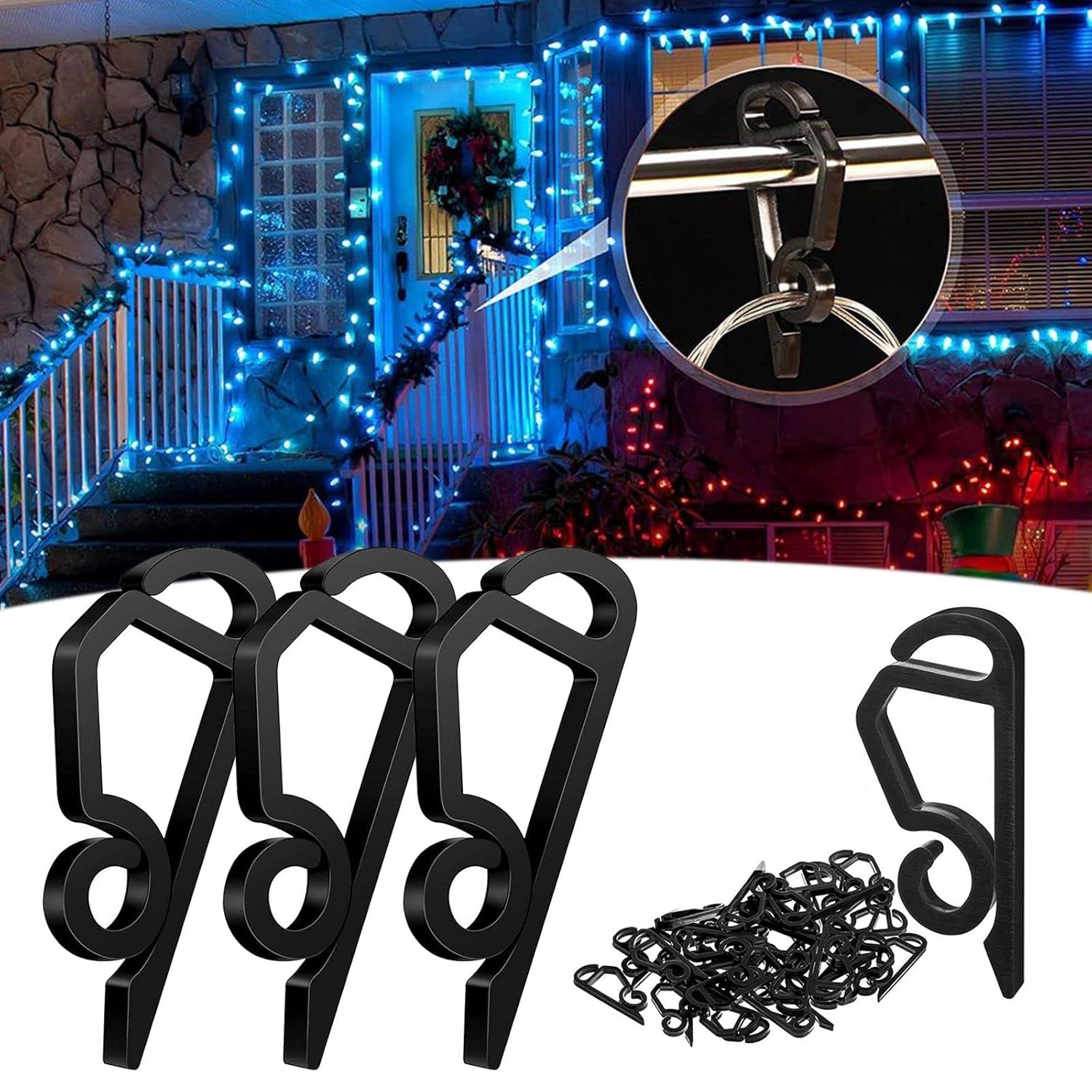 120 Pcs Christmas Light Clips Outside Gutter Hooks - Plastic Holiday Gutter Light Weatherproof Hooks For Halloween Christmas Roof Tree Hanging Outdoor Decoration String Lights (Black)