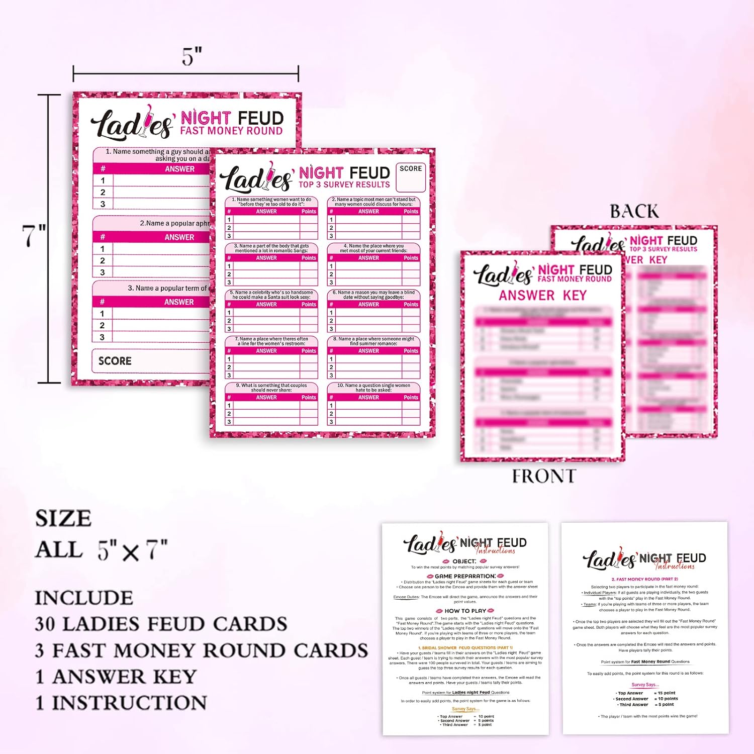 Ladies' Night Party Feud - Great For Bachelorette Party Or Adult Trivia Game - 30 Feud Cards And 3 Fast Money Round Cards