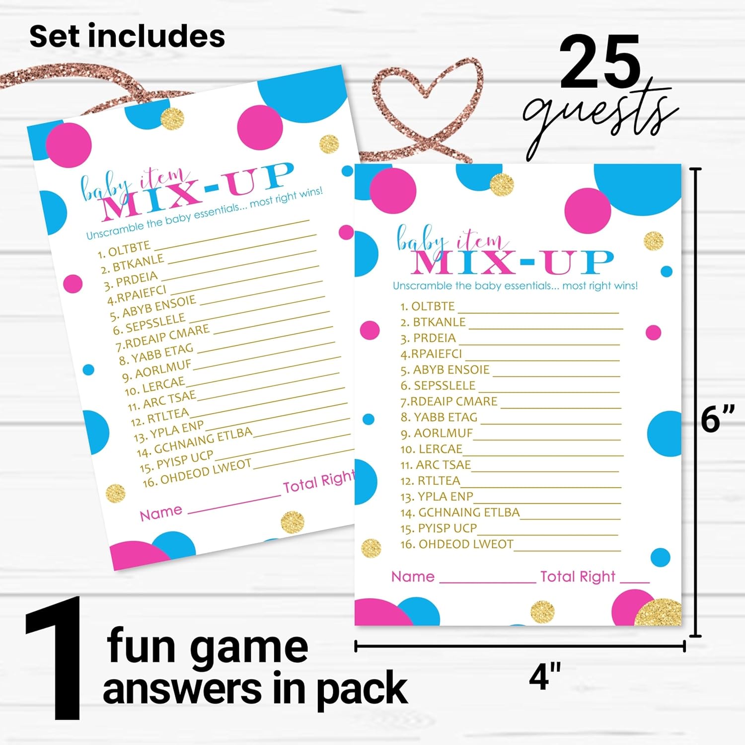 Baby Shower Games - Word Scramble For Boys Or Girls - Gender Reveal Activity Cards - Pink And Blue Theme - 25 Pack, 4X6 Size