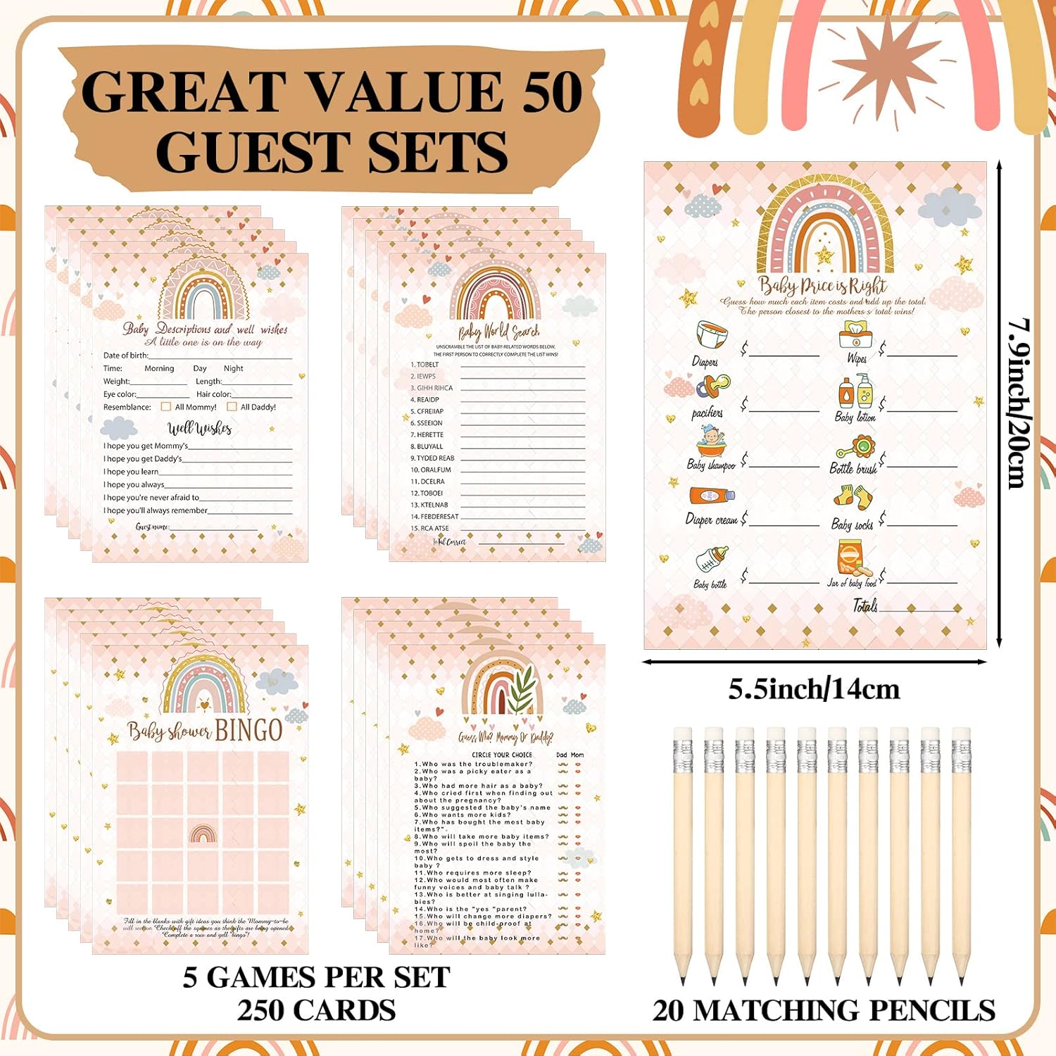 321 Pcs Rainbow Baby Shower Decorations A Little Ray Of Sunshine Is Almost Here Baby Shower Party Bingo Games Don'T Say The Word For Boho Theme Birthday Rainbow Gender Reveal Party Supplies