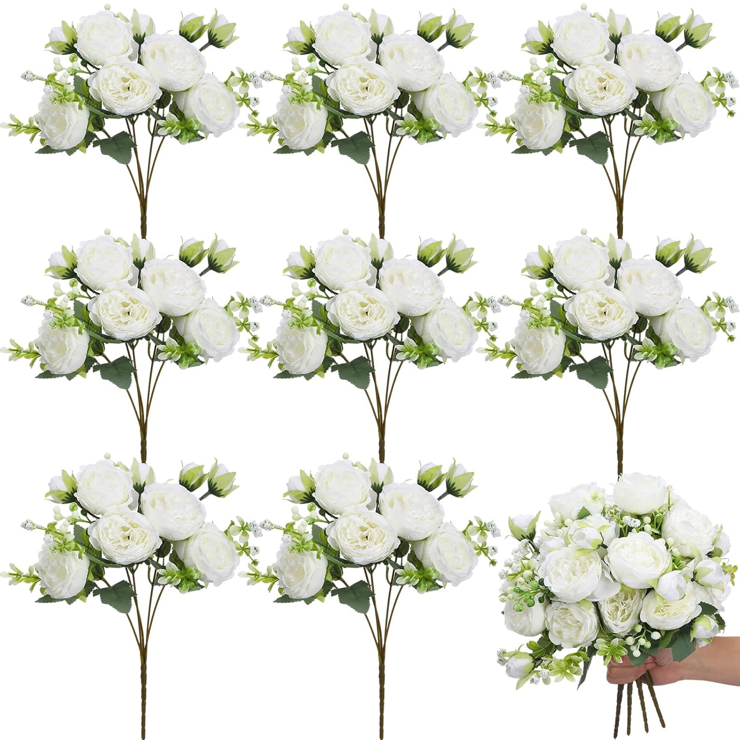 8 Bundles Artificial Peonies Realistic Flowers With Stems Bouquet Peonies For Table Centerpieces Wedding Decoration Bridal Floral Arrangement (White)