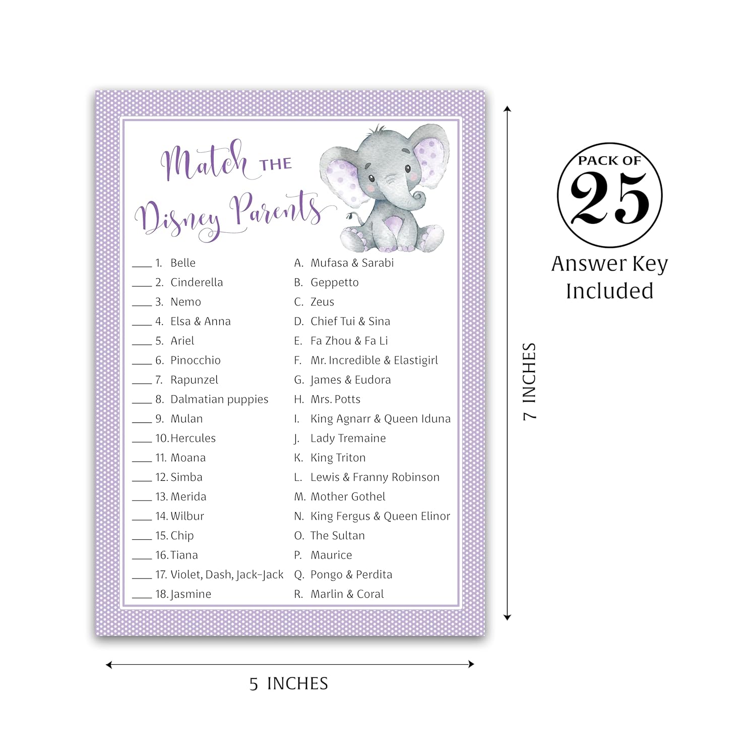 Gender Neutral Baby Shower Game — Cartoon Parent Match Game — Pack Of 25 — Purple Elephant Baby Shower Game, Match Famous Cartoon Parents Fun Shower Activity, Star Kids Match Game G503-Dpm