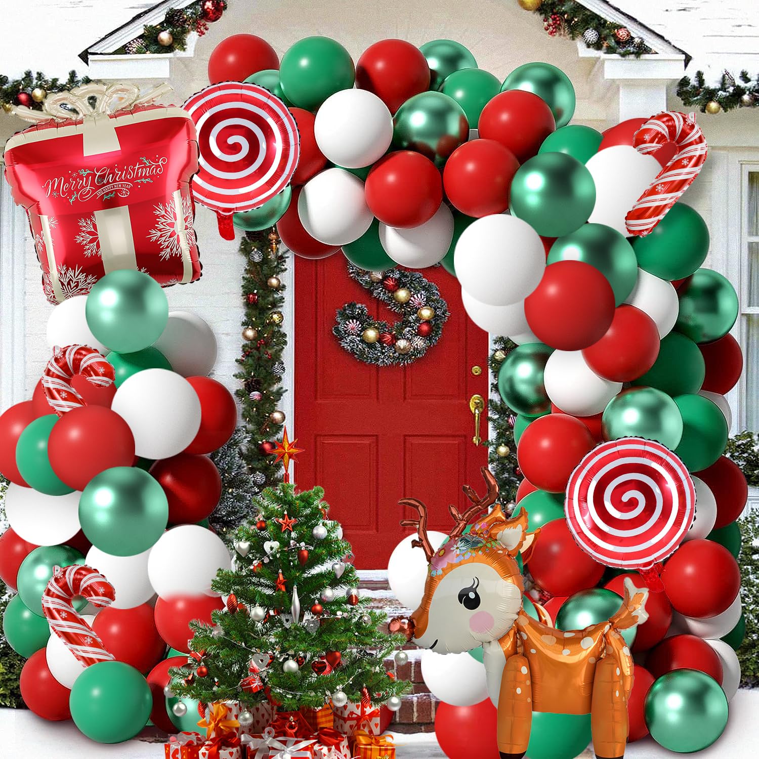 Christmas Balloons Garland Arch Kit, 85 Pcs Red Green White Balloons With Candy Elk Santa Claus Gift Box Mylar Balloons For Candy Theme Baby Shower Birthday Christmas Party Decoration