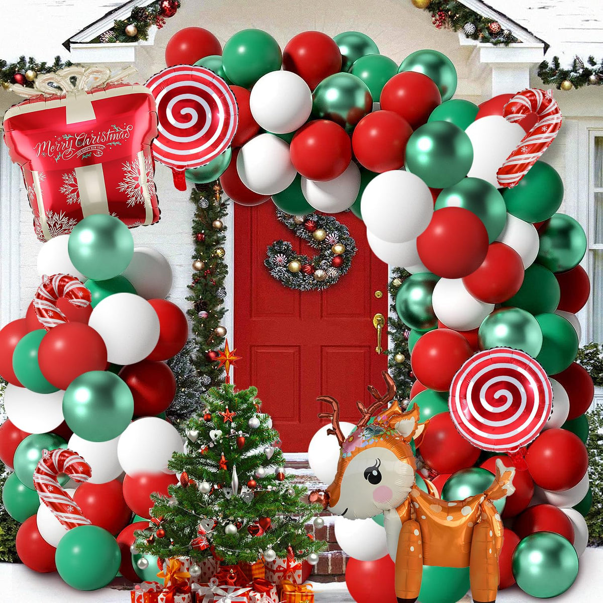 Christmas Balloons Garland Arch Kit, 85 Pcs Red Green White Balloons With Candy Elk Santa Claus Gift Box Mylar Balloons For Candy Theme Baby Shower Birthday Christmas Party Decoration