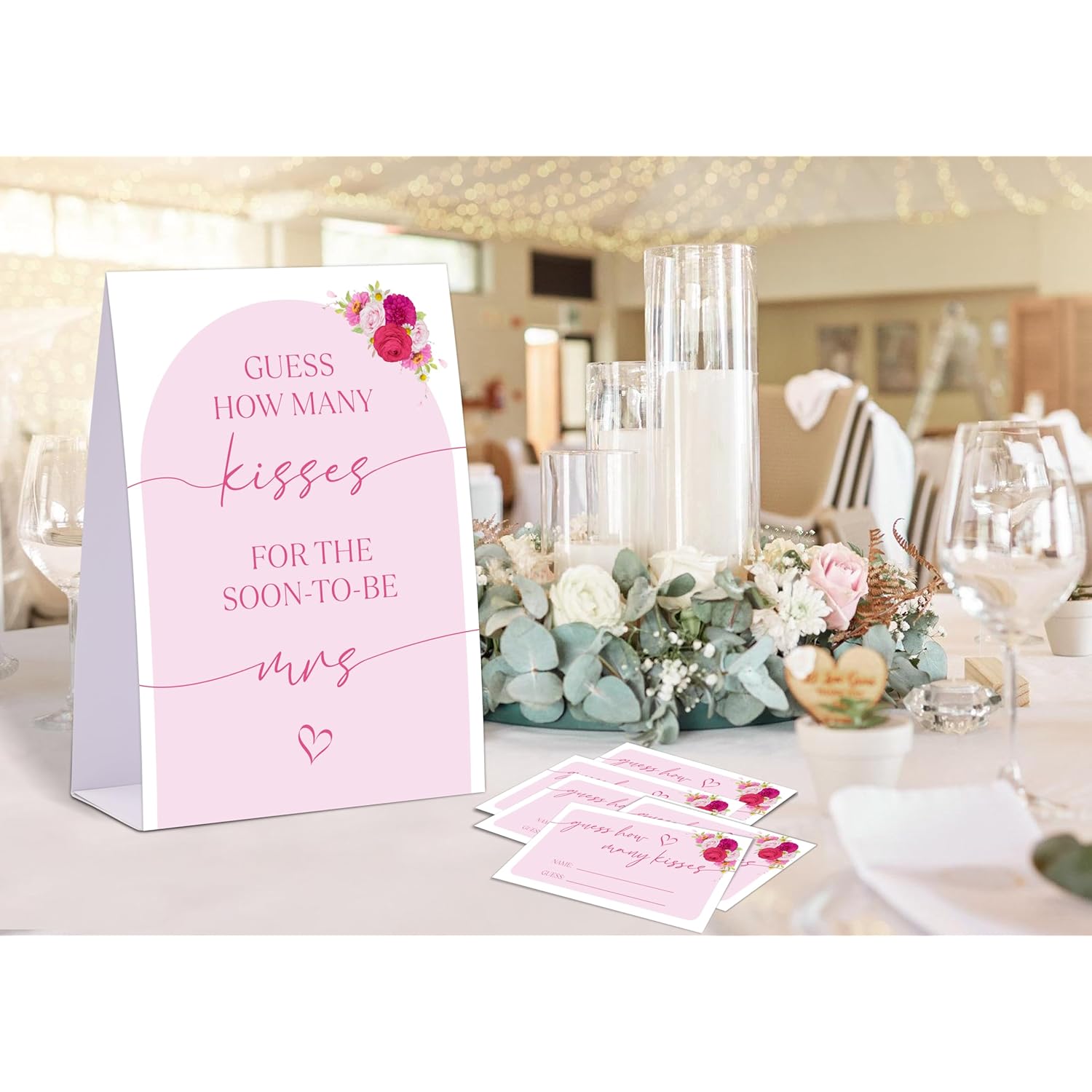Pink Floral Bridal Shower Game, Guess How Many Kisses For The Soon To Be Mrs, Pack Of 1 Sign And 50 Guessing Cards, Modern Bridal Shower Decorations, Wedding Shower Supplies - 01