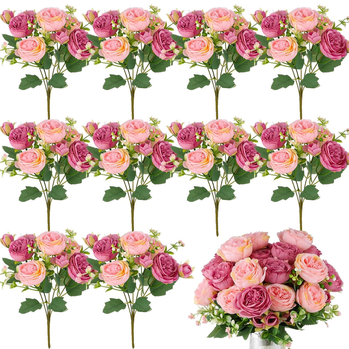 12 Bundles Peonies Artificial Flowers Artificial Peonies Silk Flowers Bulk Fake Peony Bouquet For Bridal Shower Decorations Wedding Table Centerpiece (Pink)