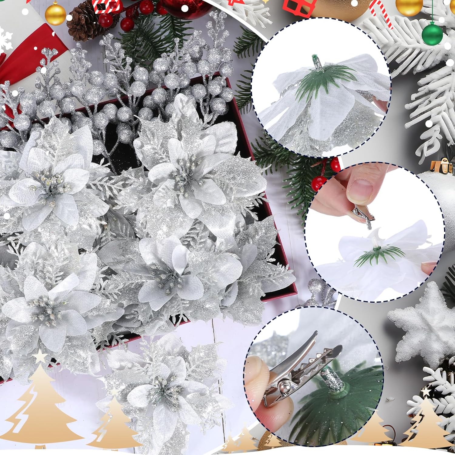 132 Pcs Christmas Tree Ornaments Set Glitter Poinsettia Flowers 2.36 Inch Christmas Balls Snowflakes Decorations Artificial Berry Picks For Xmas Tree Wreath, Hooks Included(White)