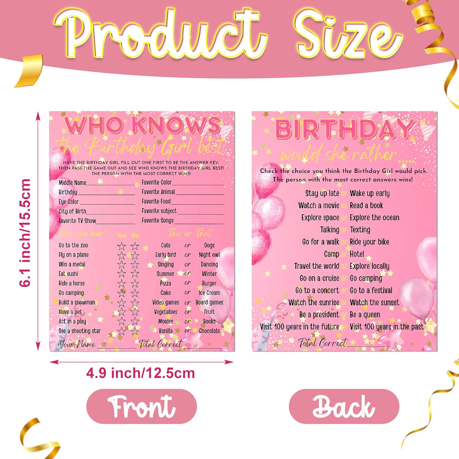 30 Pcs Who Knows The Birthday Girl Best Game Cards, 6.1 × 4.9 Inch Double-Sided Birthday Party Games, Pink Girls Card Birthday Party Supplies And Fun Activities