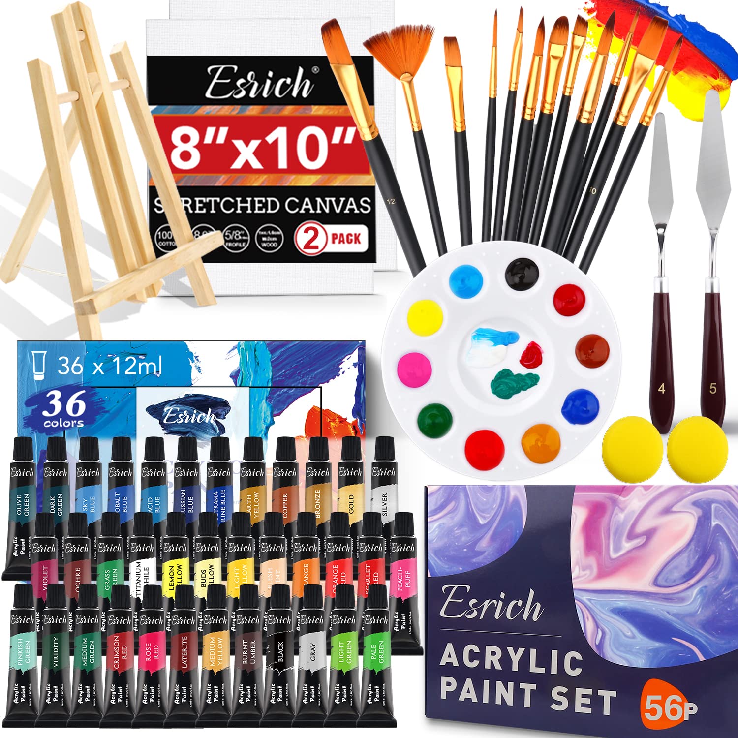 Acrylic Paint Set,56 Pcs Professional Painting Supplies With Paint Brushes, 36 Colors Acrylic Paints, 1 Easel, 2 Painting Canvases, Palette, Paint Knives And Art Sponges For Hobbyists And Beginners