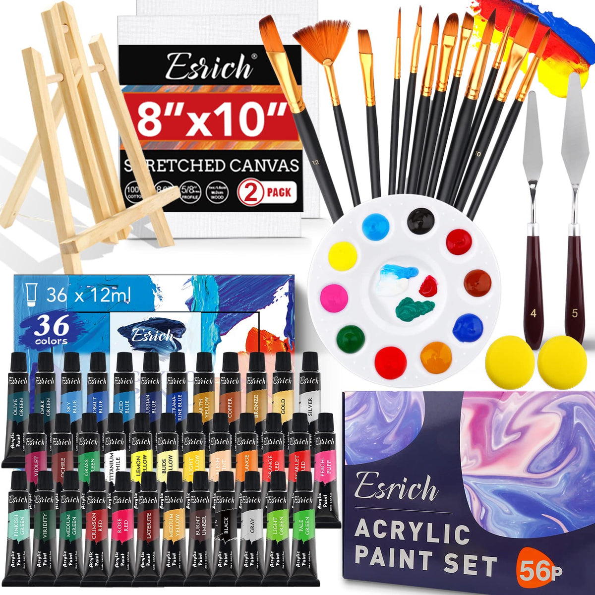 Acrylic Paint Set,56 Pcs Professional Painting Supplies With Paint Brushes, 36 Colors Acrylic Paints, 1 Easel, 2 Painting Canvases, Palette, Paint Knives And Art Sponges For Hobbyists And Beginners