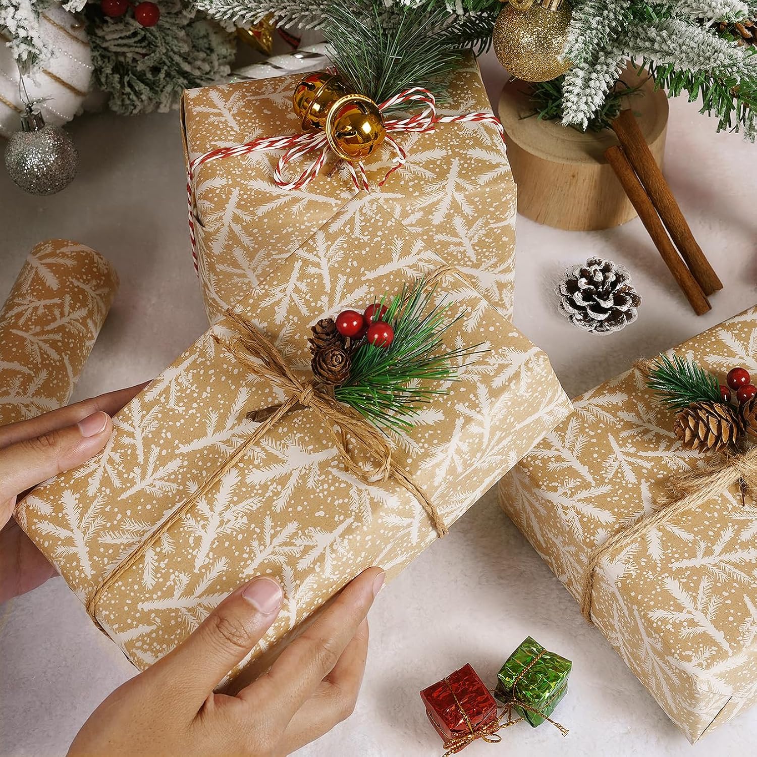 Christmas Wrapping Paper Roll, Brown Kraft Christmas Wrapping Paper With White Pine Branch Design, Retro Classic Gift Wrapping Paper For Xmas New Year Winter Holiday, 17 Inch X 49 Feet