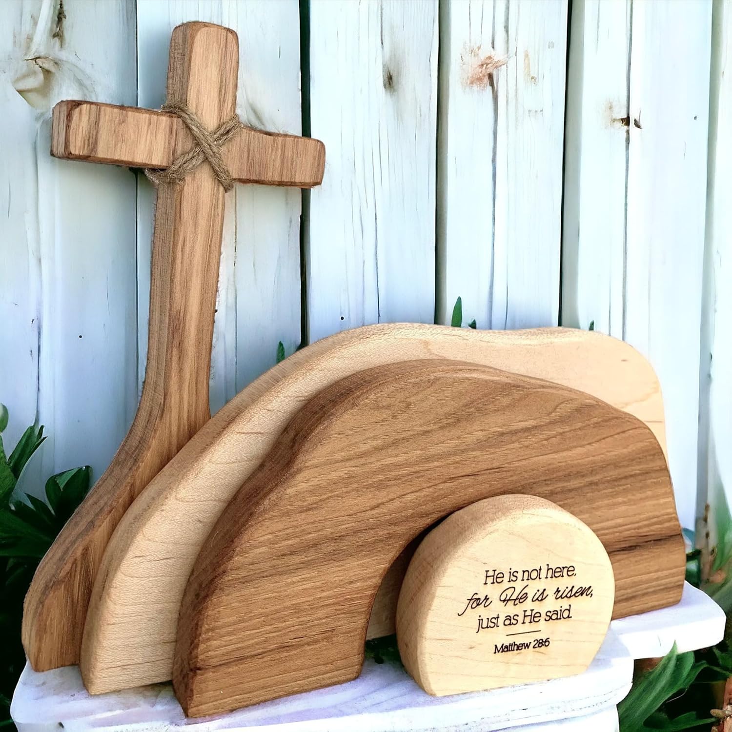 2025 New Empty Tomb Easter Decor Easter Resurrection Scene And Cross Decoration Set, He Is Risen And He Is Not Here Wooden Jesus Sign Tomb Easter Tray Bundle Kit For Home Tabletop Office Crafts (A)