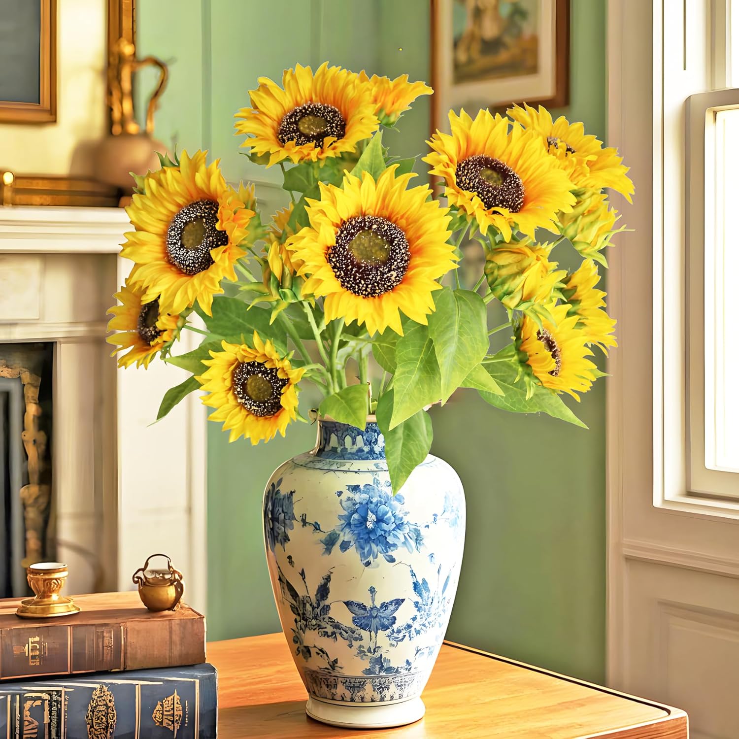 Artificial Sunflowers Silk Flowers Fake Branches Decorative Plants Stems For Home Office Shop Decor (2Pcs)