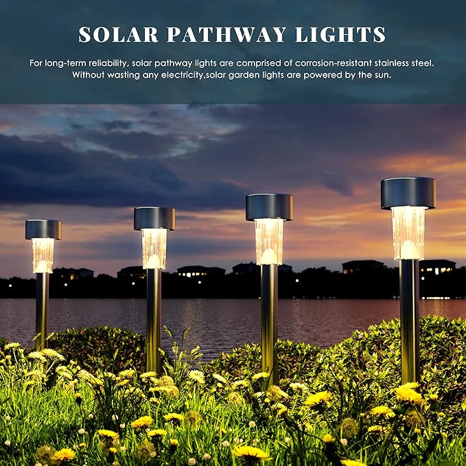 16 Pack Stainless Steel Solar Pathway Lights Waterproof Cold White Landscape Walkway Lights