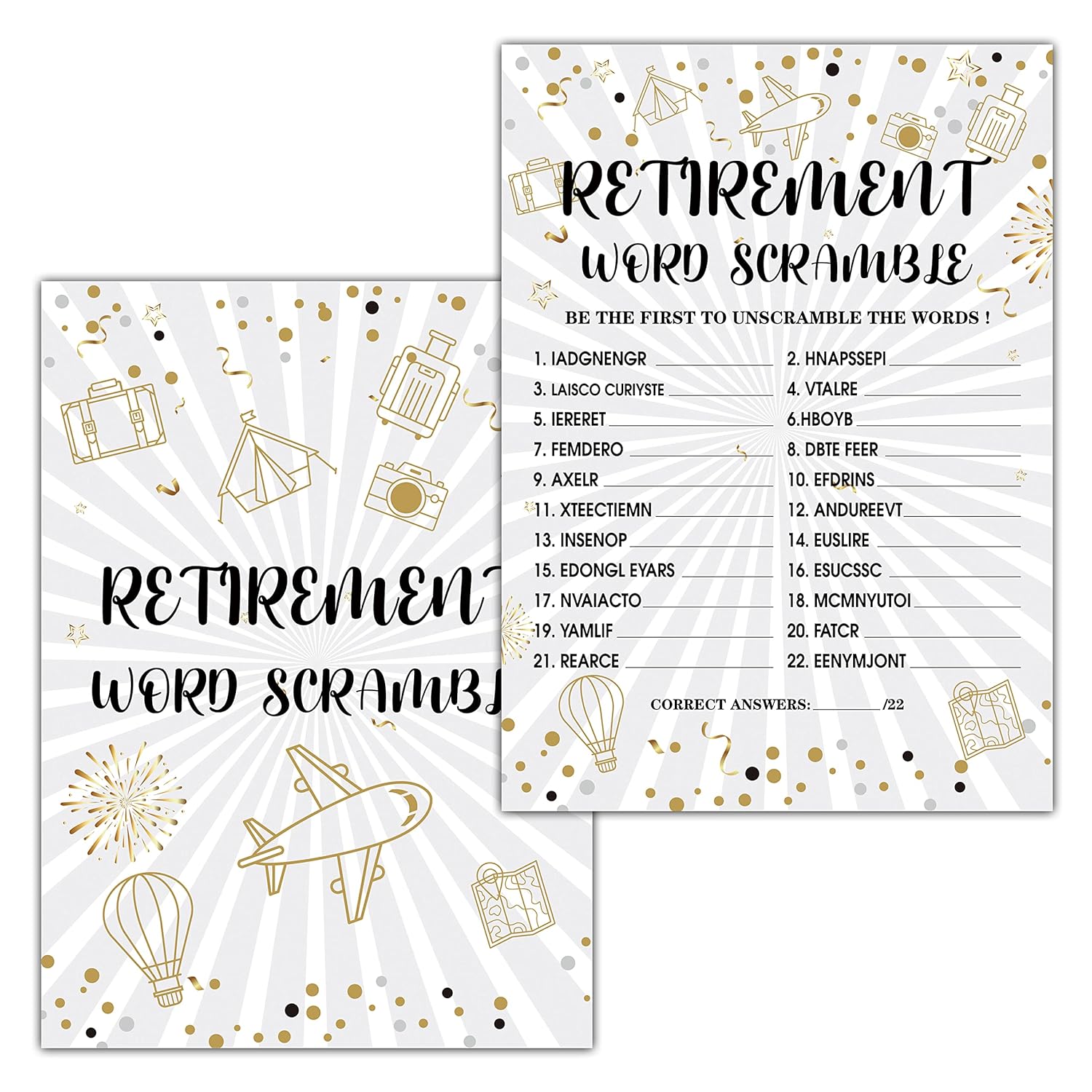 Retirement Party Games, Word Scramble Co-Worker Retirement Party Game Card, Gold Foil Retirement Party Ideas Activities Supplies Decorations(30 Game Cards & 1 Answer Card) - A07