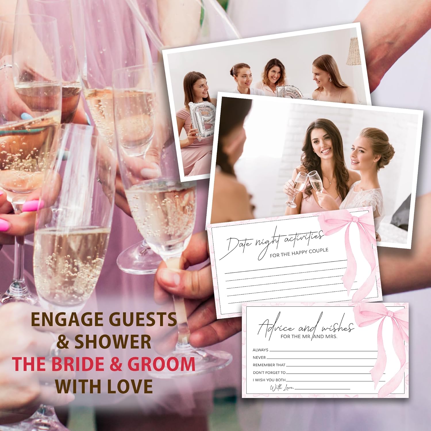 Pink Bow Advice And Wishes For The Mr And Mrs - 50 Packs Wedding Advice Cards Bridal Shower Game Cards With Box Reception Guest Book For Bride Groom Newlywed Engagement Party Decoration -A05