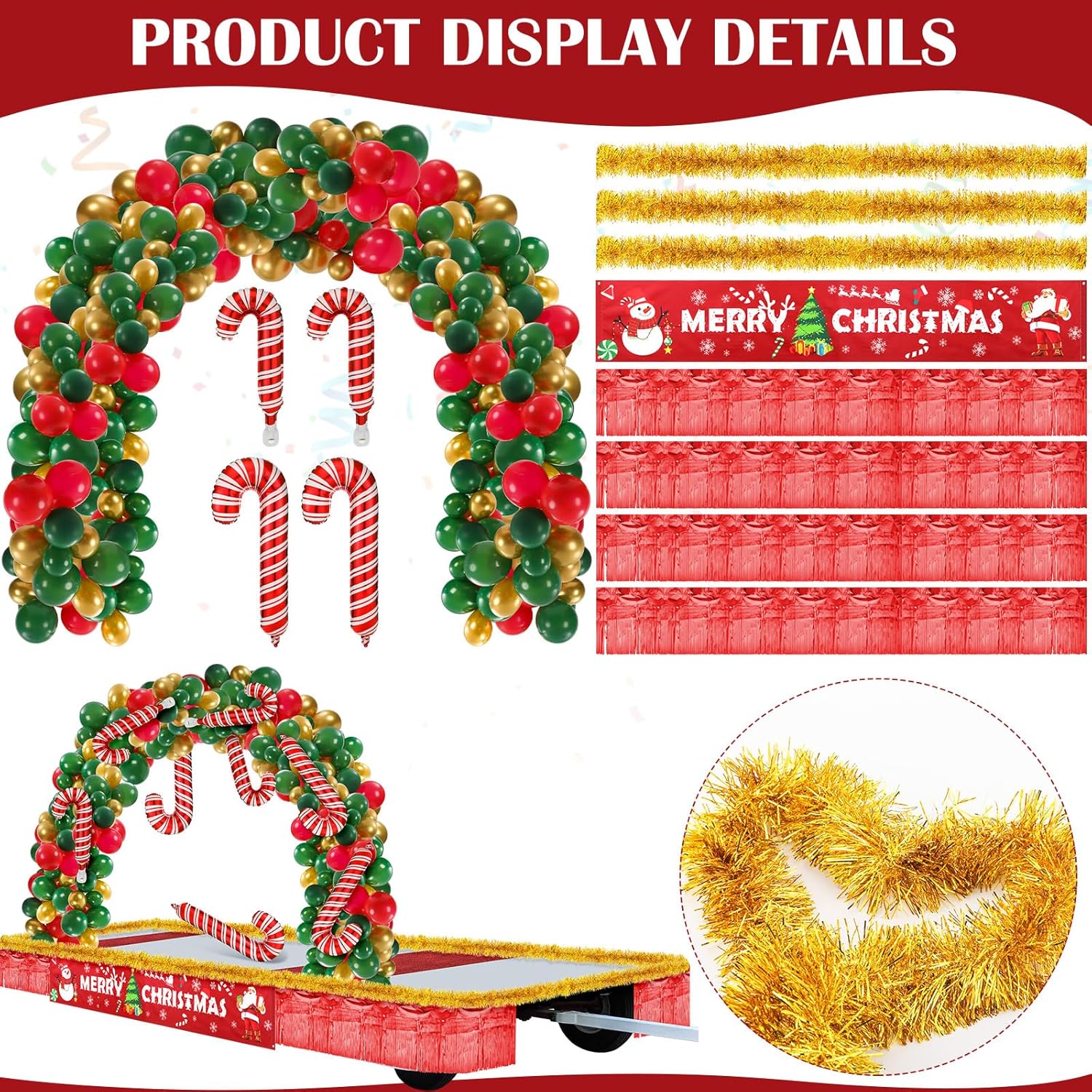 12 Pcs Christmas Parade Float Decorating Kit, Xmas Balloon Garland Arch Kit Merry Christmas Banner Metallic Red Foil Fringe Metallic Tinsel Twist Garland For Party Decor(Gold)