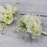 White Rose Flower Wrist Corsage Boutonniere Set Bridesmaid Wrist Corsage Bracelet & Groom And Best Man Boutonniere For Wedding Flowers Accessories Prom Suit Decorations (White)