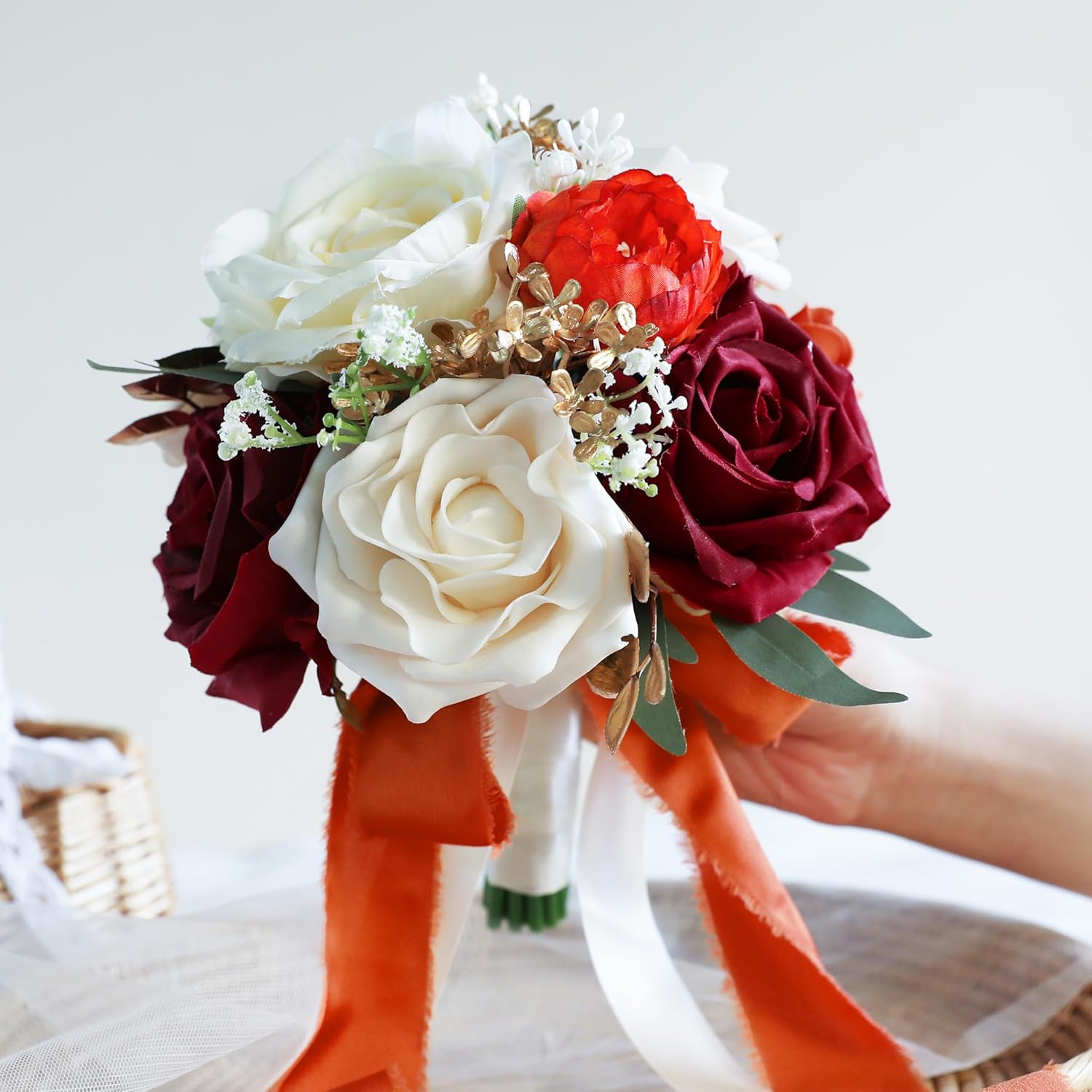 Burnt Orange Wedding Bouquets For Bride Bridesmaid, Artificial Burgundy Prom Flowers Bouquet For Weddins, Ceremony, Anniversary, 7 Inches