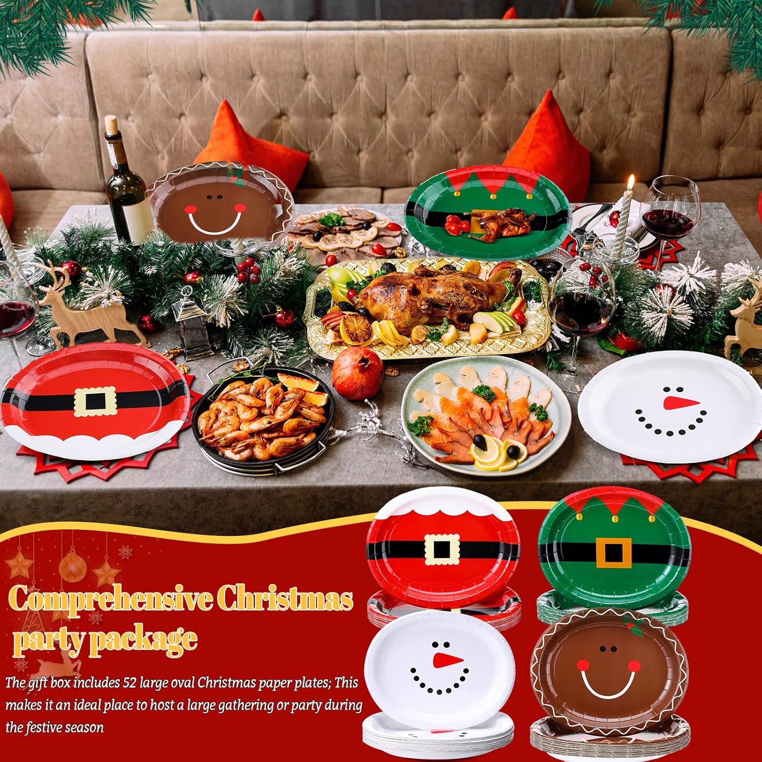 52 Pcs Santa Belt Christmas Oval Paper Plates Platters 10" X 12.5" Large Disposable Platters Santa Christmas Plates Red And Green Dinnerware Set Xmas Dinner Plates Table Decorations