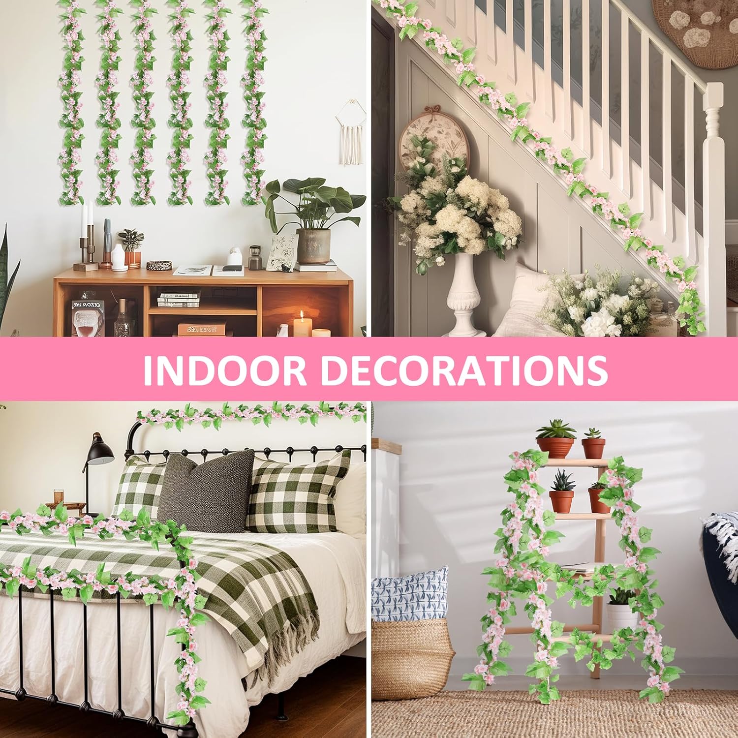 6Pcs 50.5Ft Artificial Cherry Blossom & Grape Leaf Garland Set – Silk Pink Cherry Blossom Vines With Greenery For Wedding, Party, Home Decor
