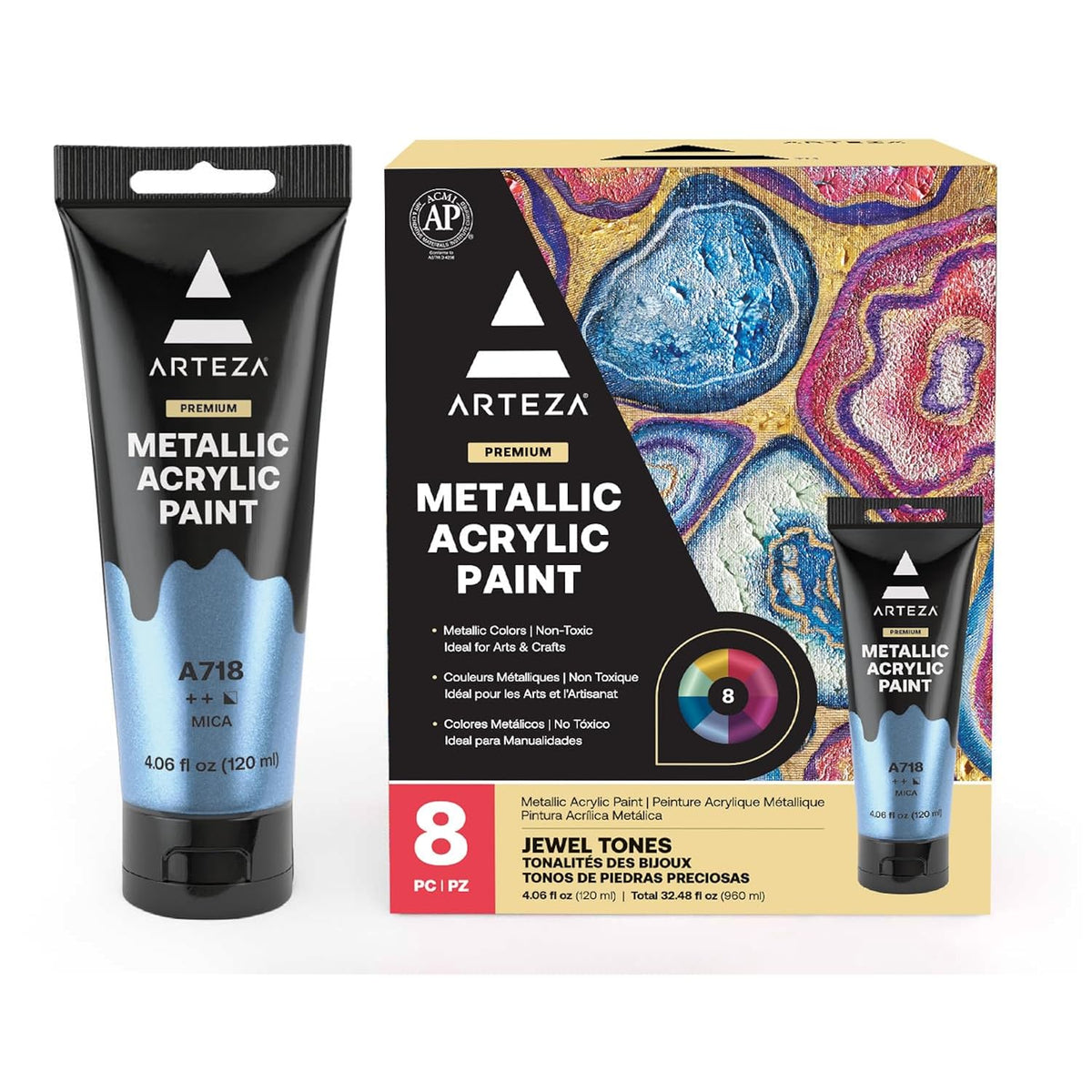 Metallic Acrylic Paint, Set Of 8 Jewel Tones Colors In 4.06Oz Tubes, Rich Pigments, Non Fading, Paints For Artists And Hobby Painters