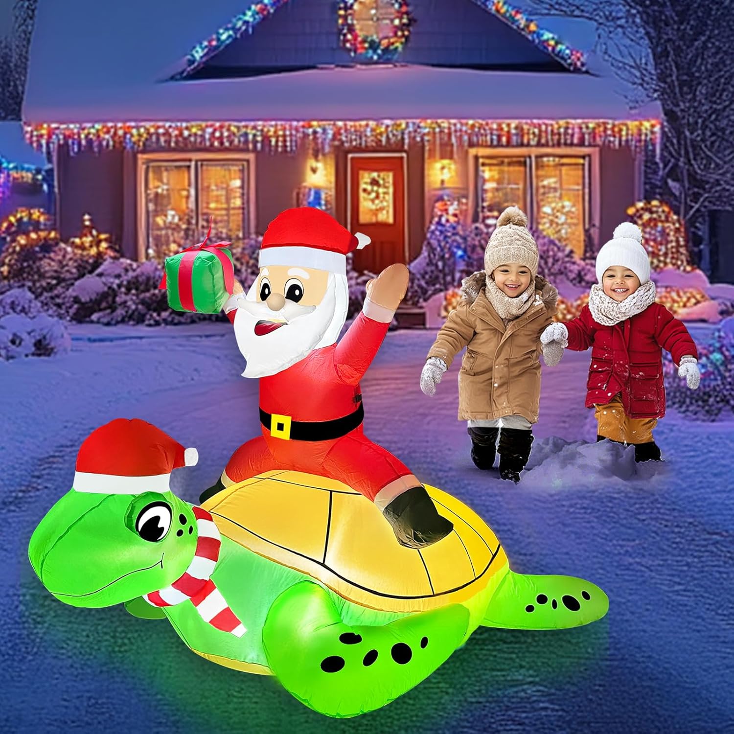 5 Ft By 4 Ft Christmas Inflatables Santa Ride On Sea Turtle With Led Lights, Outdoor Christmas Inflatables With Sandbag