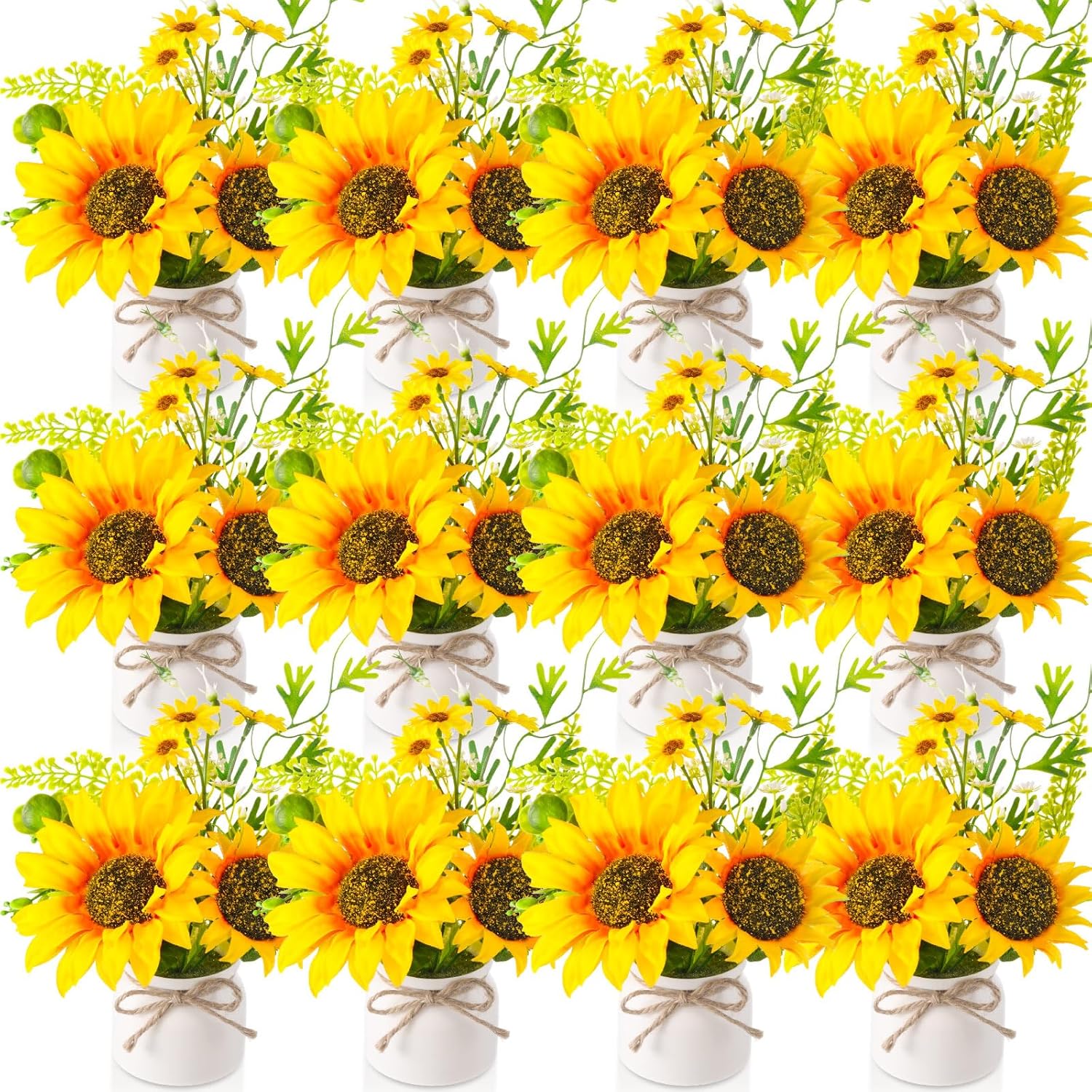 12 Pcs Artificial Sunflower Potted Plants Rustic Silk Sunflowers For Kitchen Spring Centerpieces For Tables Yellow Fake Flower With Plastic Pot For Summer Bathroom Wedding Office (White)