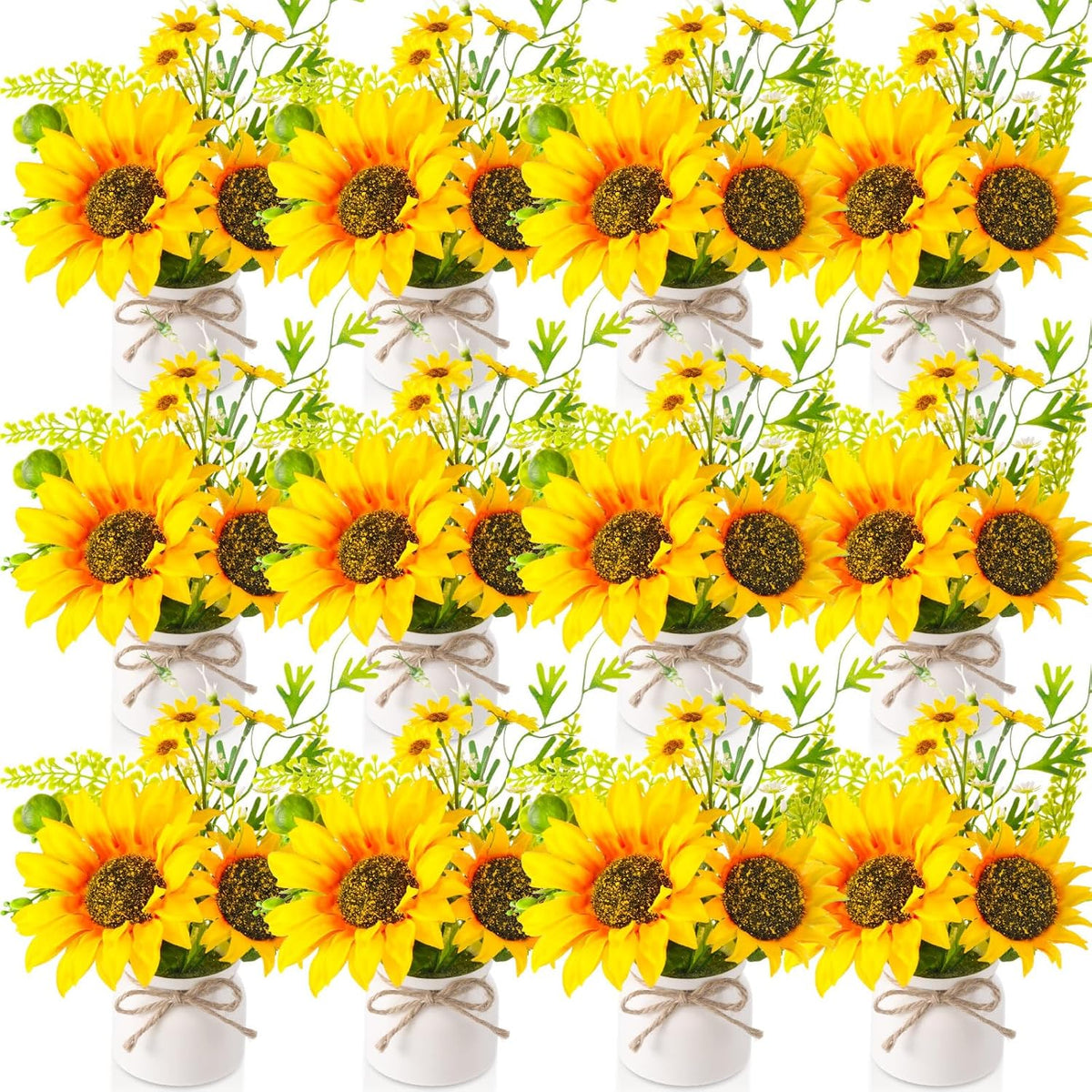 12 Pcs Artificial Sunflower Potted Plants Rustic Silk Sunflowers For Kitchen Spring Centerpieces For Tables Yellow Fake Flower With Plastic Pot For Summer Bathroom Wedding Office (White)