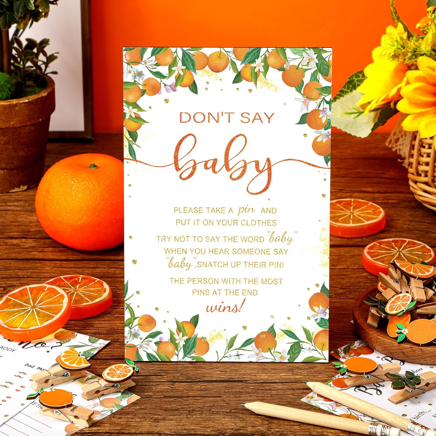 321 Pcs Orange Baby Shower Game Supplies For Girl Or Boy 5 Set Include 50 Activity Cards 20 Pencils 1 Don'T Say Baby Sign 50 Clothespins For Price Is Right Prediction Bingo Game Party Decor