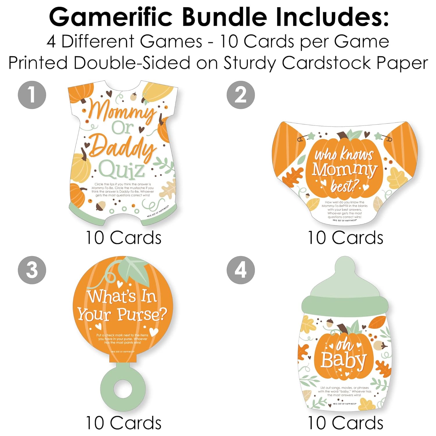 Big Dot of Happiness Little Pumpkin Decorations, 4 Fall Baby Shower Games, 10 Cards Each - Who Knows Mommy Best, Mommy or Daddy Quiz, What’s in Your Purse and Oh Baby - Gamerific Bundle