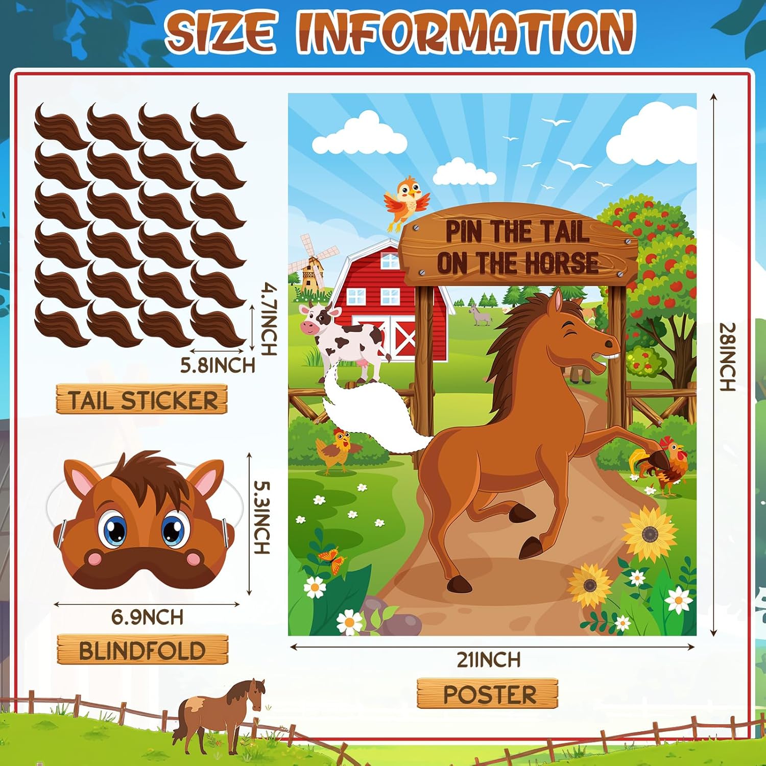 Farm Animal Games Pin The Tail On The Animals Barn Birthday Party Decorations Farm Poster Games With 24 Stickers Eye Mask For Family Activities Birthday Party Decor Supplies(Horse)