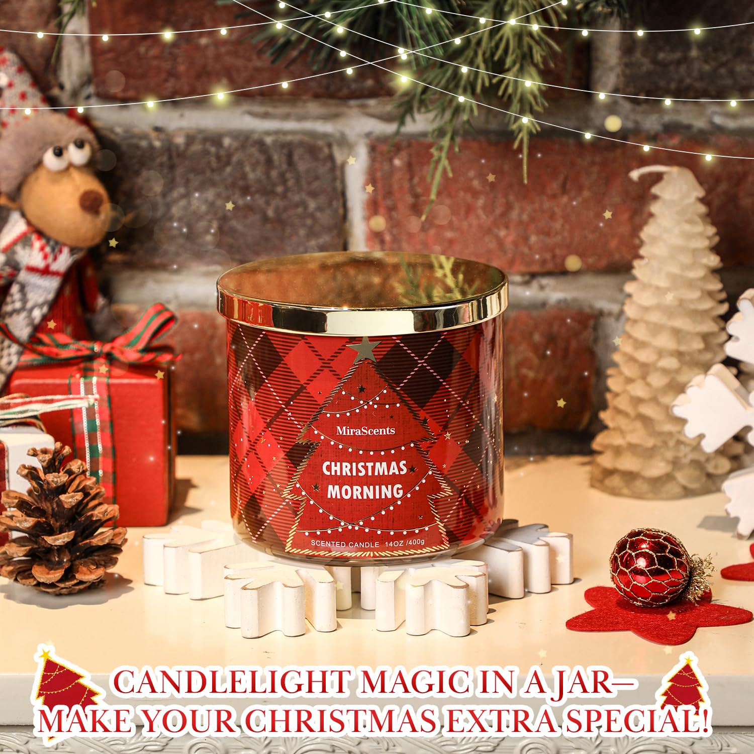 Christmas Scented Candle, Christmas Morning Scented Candle, 3 Wicks Large Candle Natural Soy Wax Candles, Red Xmas Tree Candles Gifts, 14Oz