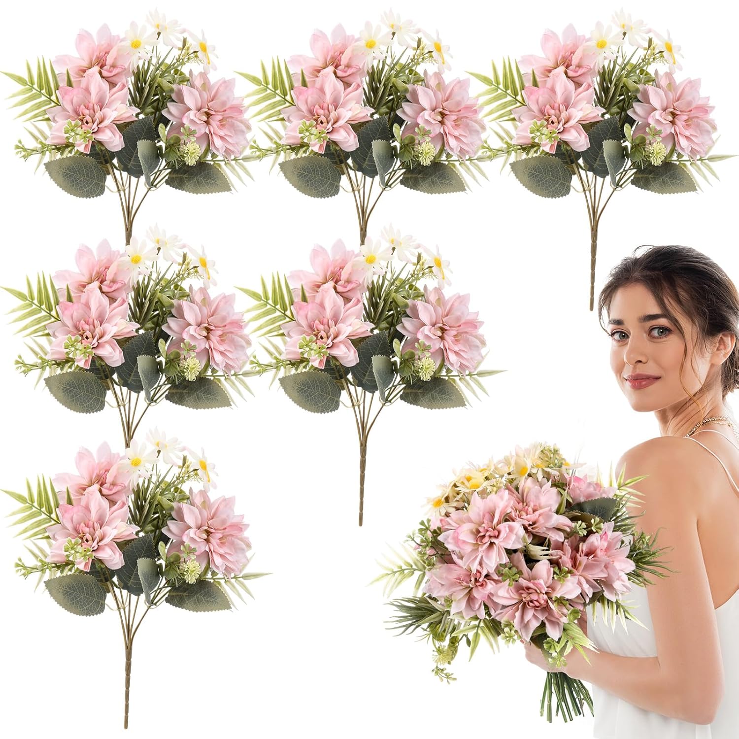 6 Bundles Artificial Dahlia Flowers Bouquets With Daisies Silk Flowers Artificial With Stems Floral Arrangements Faux Dahlias For Home Wedding Party Office Decor (Pink)