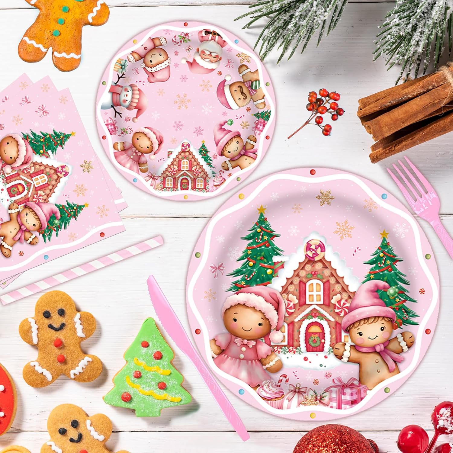 142 Pcs Pink Christmas Gingerbread Party Decorations Merry Christmas Cookie House Gingerbread Man Party Supplies Candy Tree Paper Plates And Napkins Banner Tablecloth For Xmas Birthday Gender Reveal