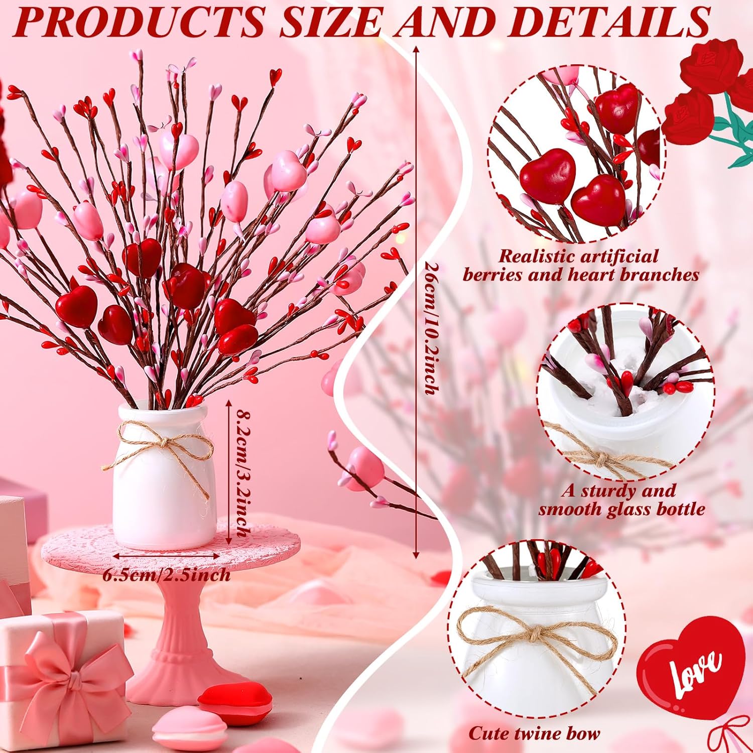 2 Pcs Valentine'S Day Decorations Valentines Picks Vase Berry Picks Branches Artificial Red Pink Hearts Flower Berry Stem For Wedding Valentine Vase Gifts Party Anniversary Table Home Decor