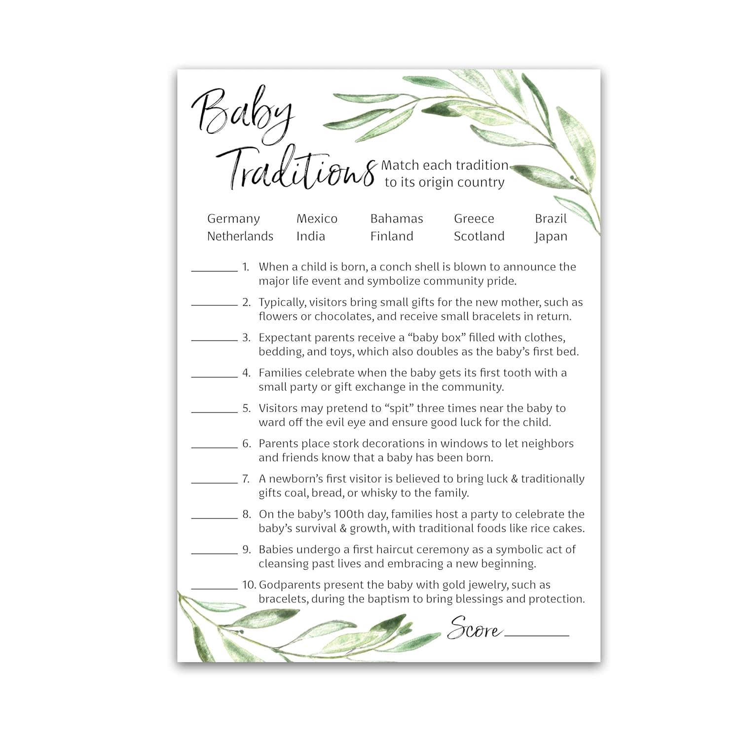 Greenery Baby Shower Games — Baby Traditions Around The World Game — Pack Of 25 — Fun Facts, Floral Green Olive Branch Trivia, Rustic Gender Neutral Minimalist Couples Shower Activity Reveal G320-Btw1