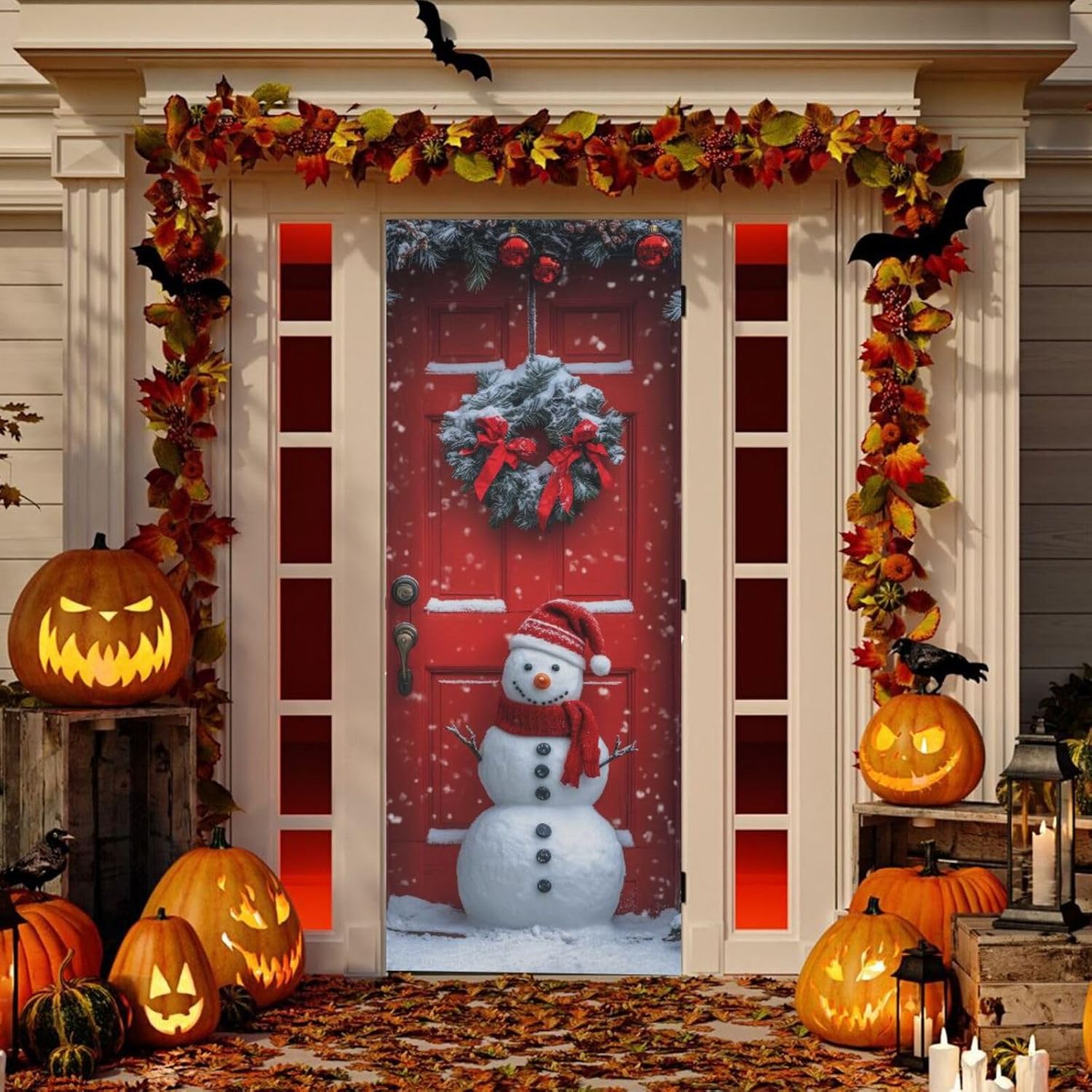 Christmas Snowman Door Cover, Stretch Fabric Backdrop Porch Covers For Home Party Holidays Decoration, 35X79 In