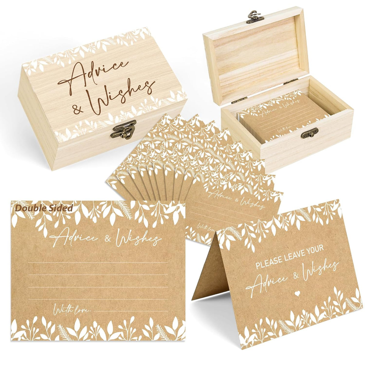 52 Pcs Wedding Rustic Leaf Advice Cards Box Set Baby Shower Party Decor Included 1 Wood Box 1 Showing Card And 50 Wishes Cards Game Ideas Themed Birthday Bridal Shower