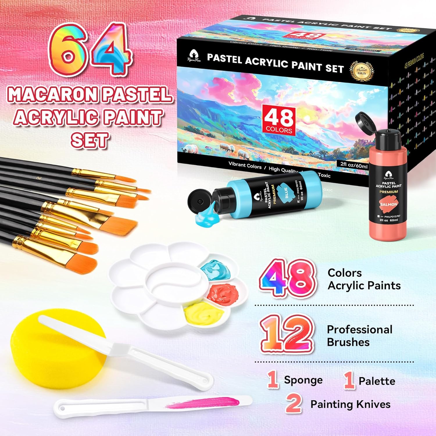 64 Pcs Pastel Acrylic Paint Set With 12 Brushes, 2 Knives & Palette, 48 Colors (2Oz/60Ml) - For Adults, Artists & Beginners - Canvas Ceramic Rock Wood Egg Painting Kit