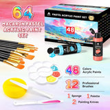 64 Pcs Pastel Acrylic Paint Set With 12 Brushes, 2 Knives & Palette, 48 Colors (2Oz/60Ml) - For Adults, Artists & Beginners - Canvas Ceramic Rock Wood Egg Painting Kit