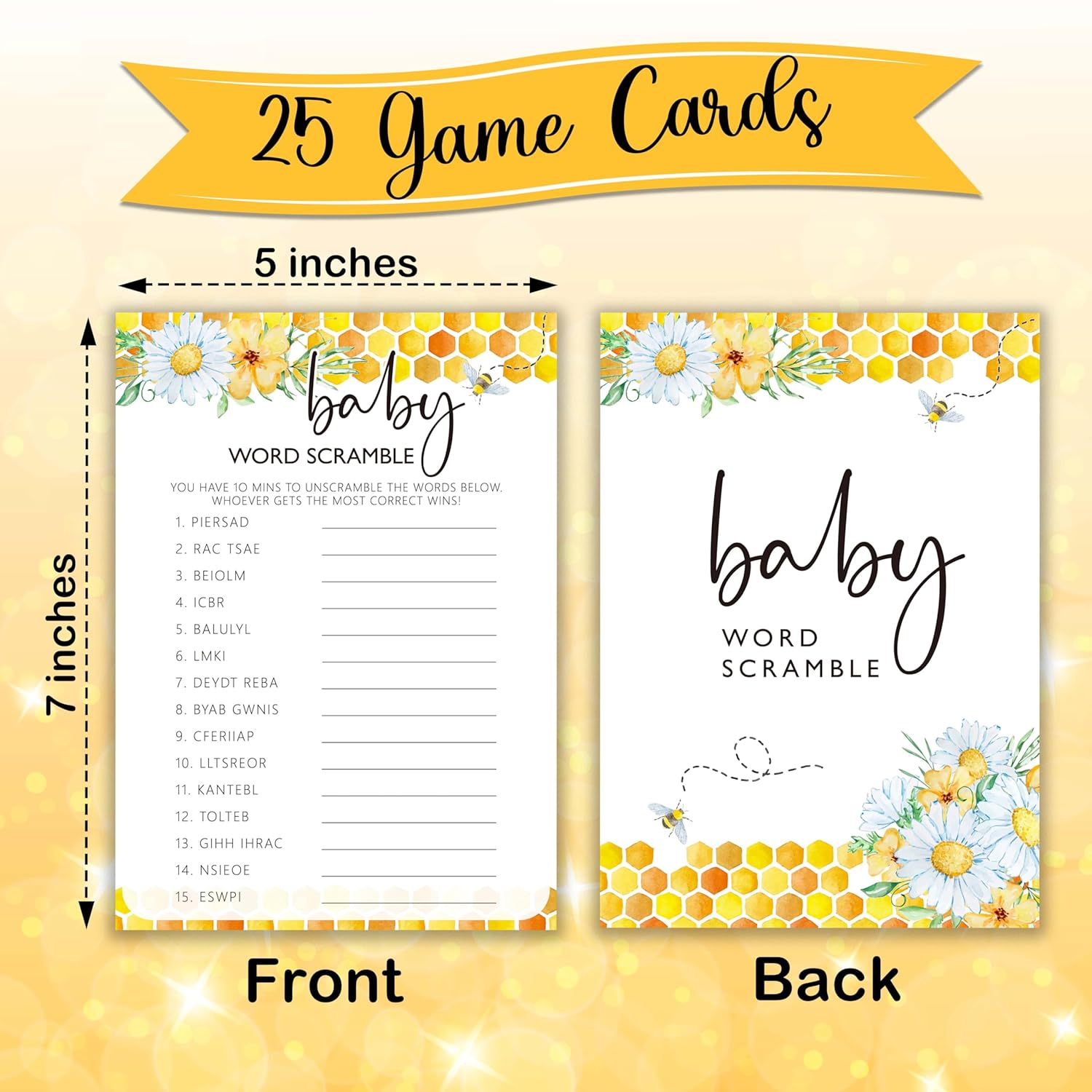 Bee Gender Neutral Games, Summer Daisy Word Scramble Game For Party Supplies & Favor, 5X7 In & Set Of 25-A07