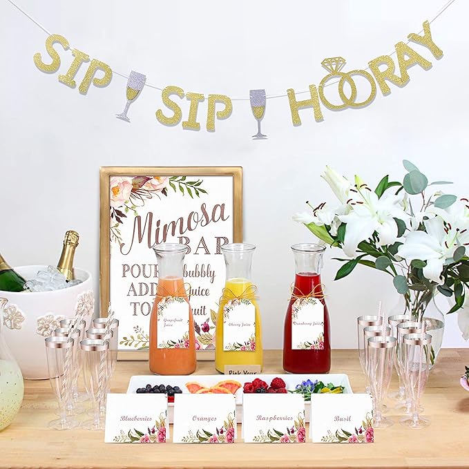 Sip Sip Hooray Banner Gold Glitter for Bachelorette, Wedding & Bridal Shower Decor